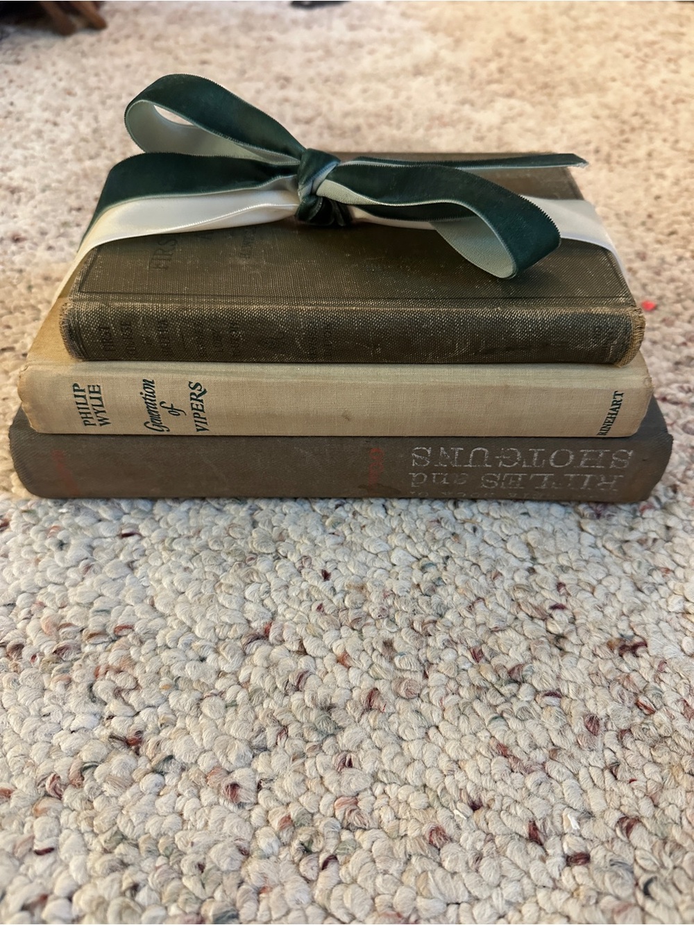 Decorative Green Velvet Ribbon-Tied vintage Book Stack - Home Accents